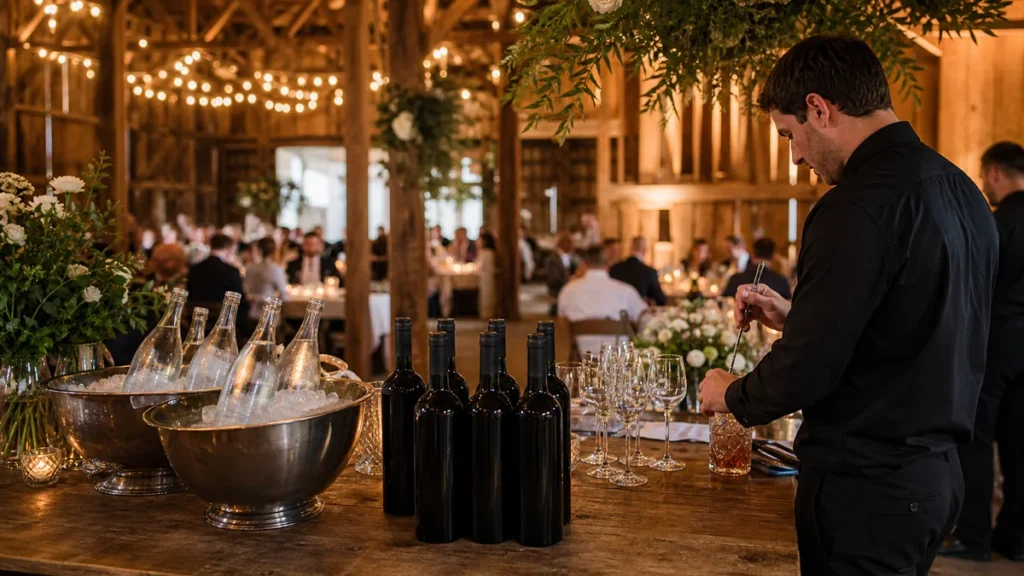 Couple and venue coordinator reviewing an alcohol service plan beside a prepared wedding bar at a Canadian countryside venue.
