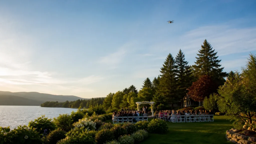 Wedding videographer preparing a compact drone beside a tripod at a Canadian lakeside venue, with the ceremony area safely in the distance.