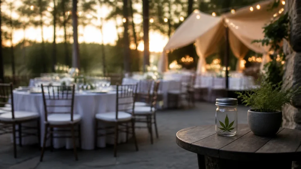 Canadian couple and wedding planner reviewing venue rules on a rustic patio before an outdoor wedding reception.