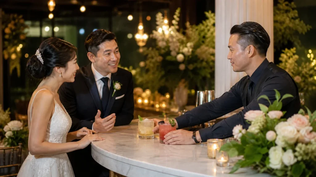 A Canadian couple compares wedding bar options with a venue coordinator beside alcoholic and alcohol-free drinks.