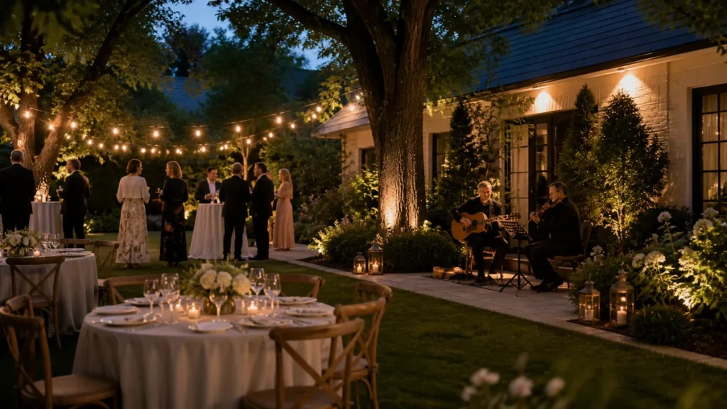 Couple and wedding coordinator planning speaker placement beside a tented outdoor reception in Canada