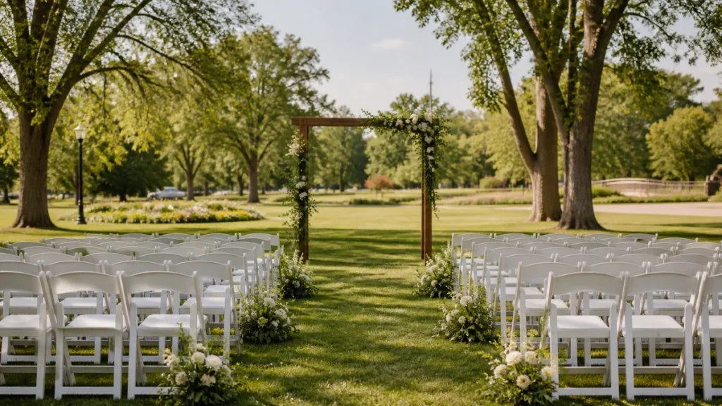 A small wedding ceremony setup beside an accessible path in a Canadian public park, with weighted floral décor and guest chairs.