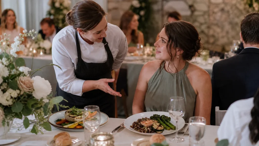 Engaged couple meeting with a wedding caterer beside sample plated meals while reviewing dietary requirements in a Canadian venue.