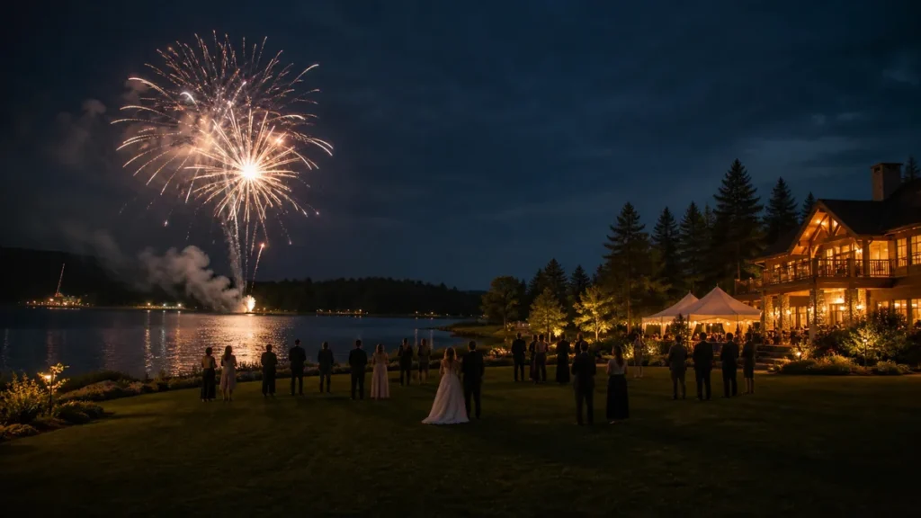 Couple and wedding planner reviewing a professional fireworks site plan at a Canadian lakeside venue at dusk.