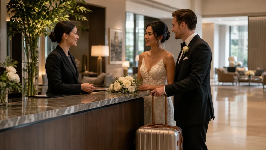 Engaged couple planning guest hotel rooms in a bright Canadian hotel lobby with luggage and wedding weekend details.