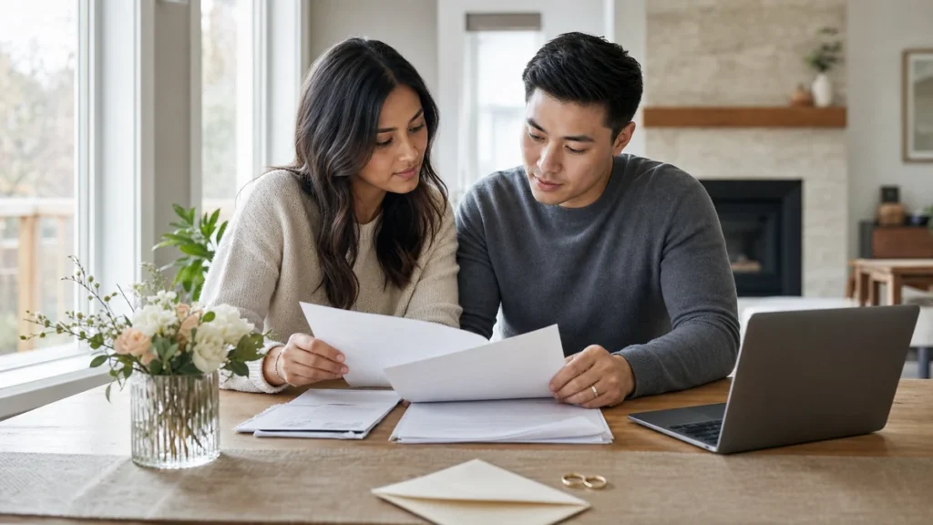 Engaged couple reviewing wedding insurance and venue documents in Canada
