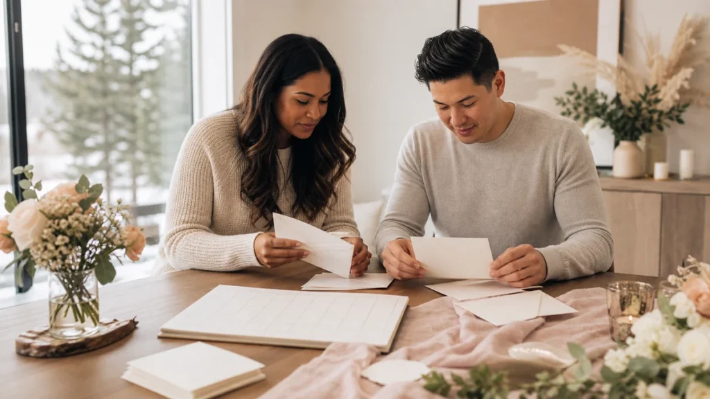 Engaged couple planning when to send wedding invitations in Canada