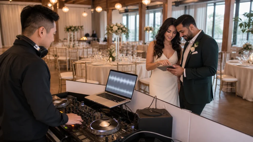 Wedding DJ and couple planning reception music at a Canadian venue