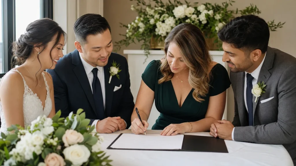 Wedding couple with two adult witnesses signing a marriage document in Canada