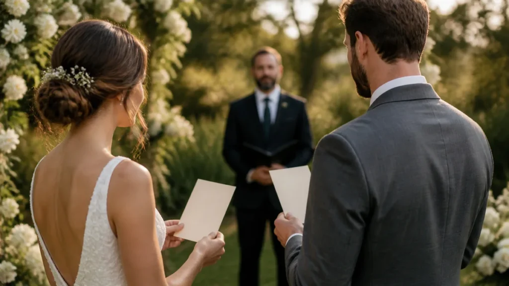 Engaged couple in Canada reviewing handwritten personal wedding vows at a table before their ceremony.