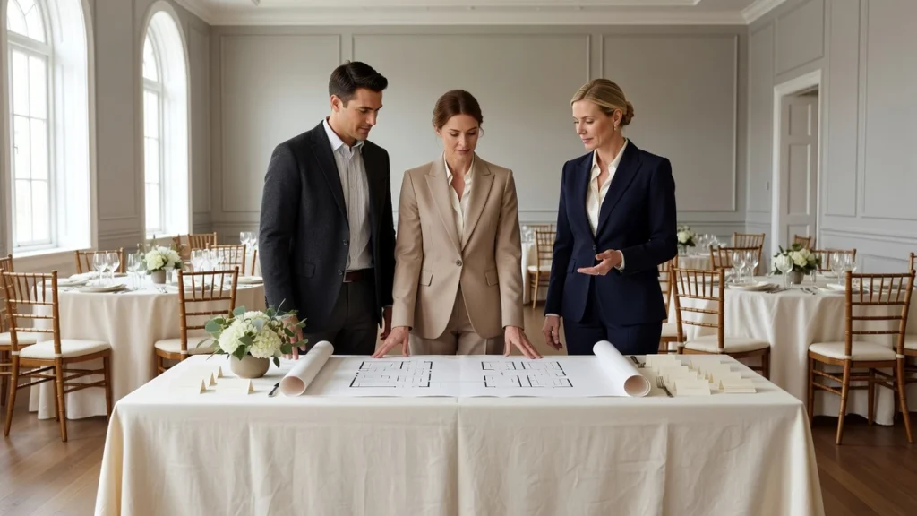 Couple comparing a hotel ballroom layout with an event coordinator for their wedding in London, Ontario