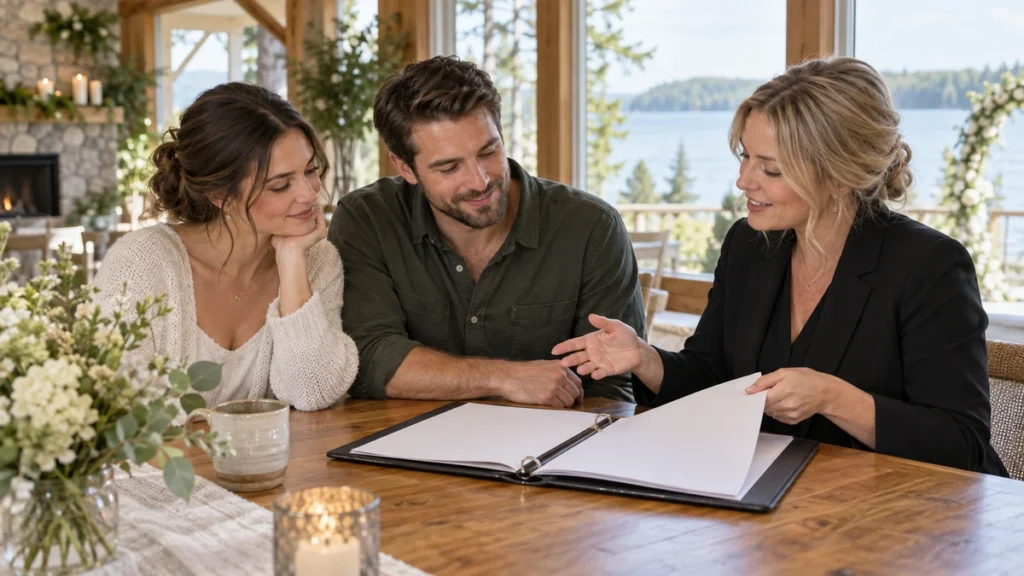 Ontario couple meeting with a wedding officiant and reviewing ceremony documents before booking.
