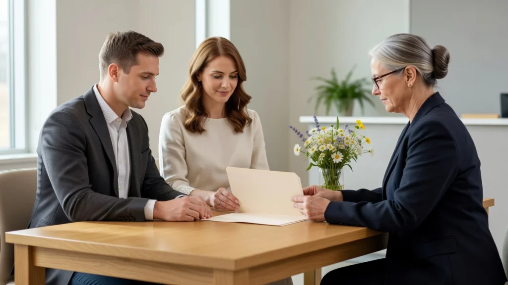 Couple reviewing an unmarked marriage document folder with their wedding officiant at a bright table in Ontario.