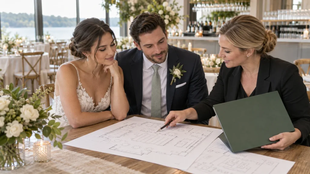 Couple reviewing Ontario wedding alcohol permit questions with a venue coordinator at a reception venue