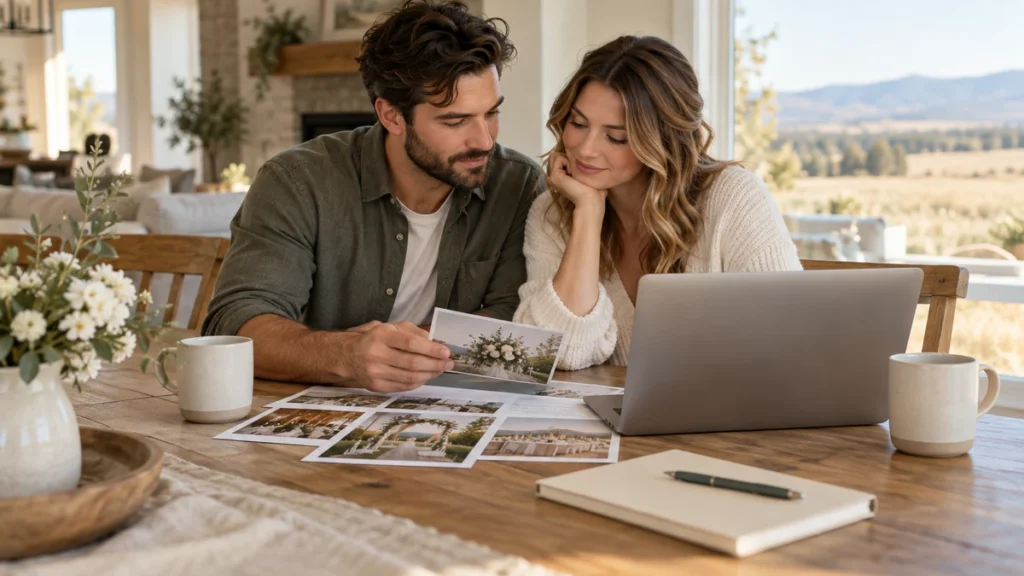 An engaged couple reviews wedding ceremony plans at a bright kitchen table with a laptop, notebook and coffee.