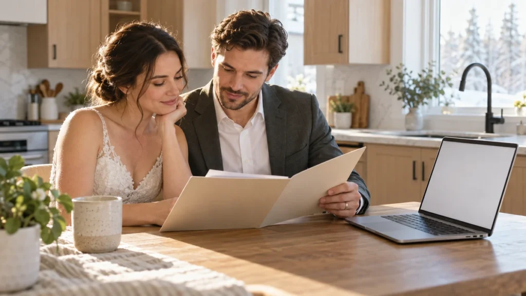 Newlywed couple reviewing Alberta marriage paperwork at a kitchen table