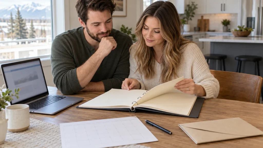 Couple in Alberta reviewing marriage licence planning documents at a kitchen table before their wedding