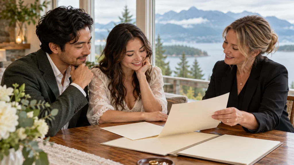 Couple and wedding officiant reviewing marriage paperwork at a table overlooking a British Columbia coastal landscape.