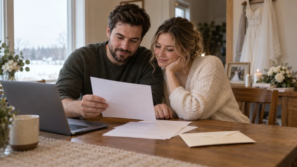 Newly married Manitoba couple reviewing plain paperwork and an unbranded envelope at home after their wedding.