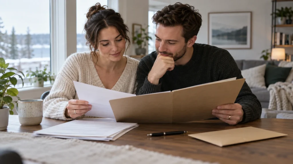 Newlywed couple reviewing Northwest Territories marriage registration paperwork at home
