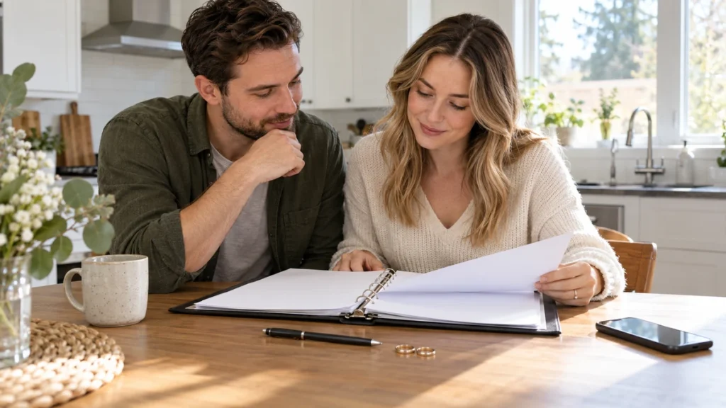 Couple reviewing blank wedding licence planning papers and rings at a bright table