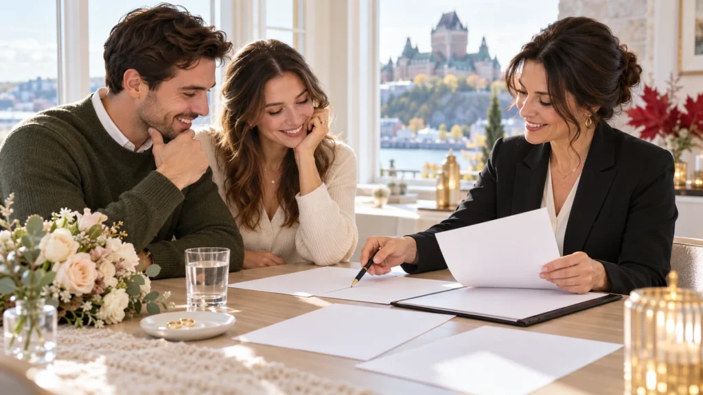 Engaged couple reviewing Quebec marriage ceremony documents with a wedding officiant