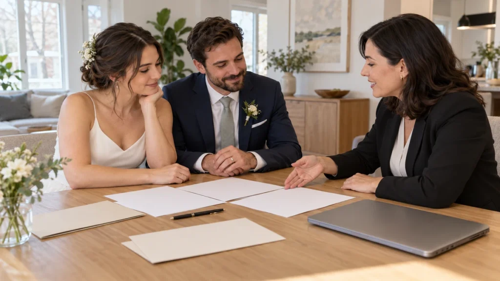 Newly married Quebec couple reviewing marriage document paperwork with an adviser at a bright table