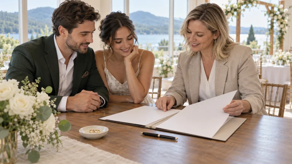 Couple reviewing plain wedding paperwork with an officiant at a Quebec ceremony venue