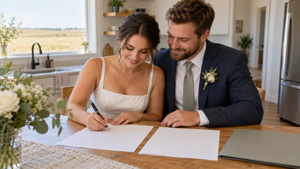Newly married couple reviewing blank marriage record paperwork at a Saskatchewan home table