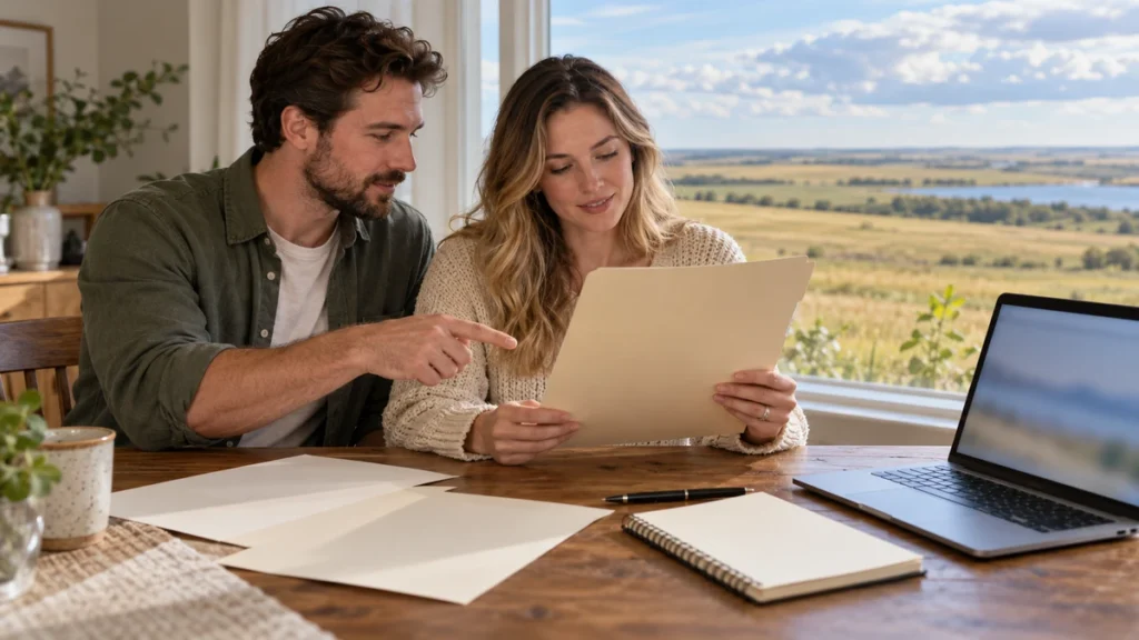 Engaged couple reviewing Saskatchewan wedding licence planning papers at a bright table
