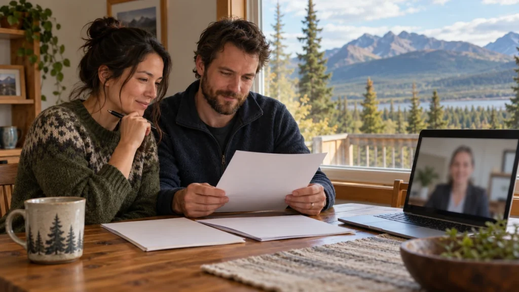 Yukon newlyweds reviewing marriage registration paperwork with an officiant beside a window overlooking a northern Canadian landscape